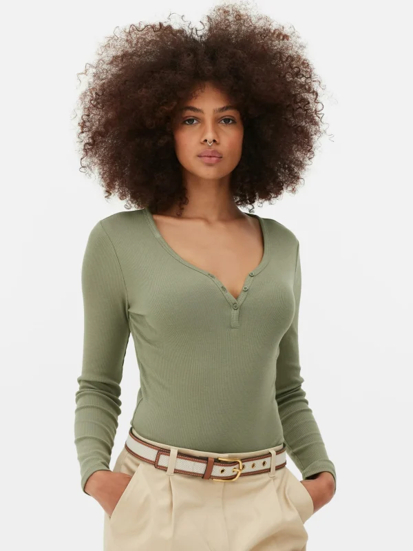 Body Façon T-shirt Boutonné à Manches Longues