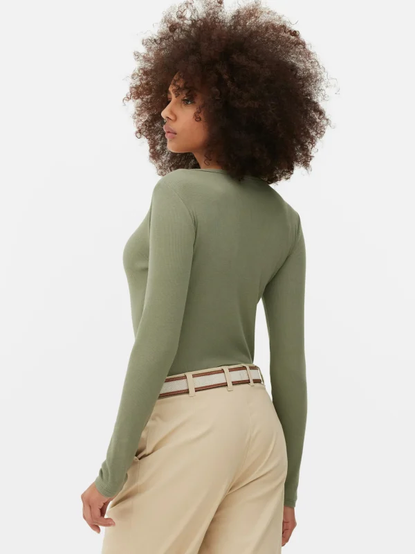 Body Façon T-shirt Boutonné à Manches Longues