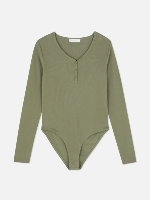 Body Façon T-shirt Boutonné à Manches Longues