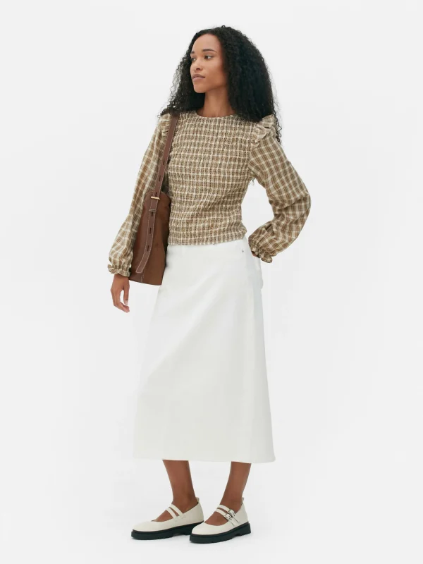 Chemisier Froncé à Carreaux Et Manches Longues