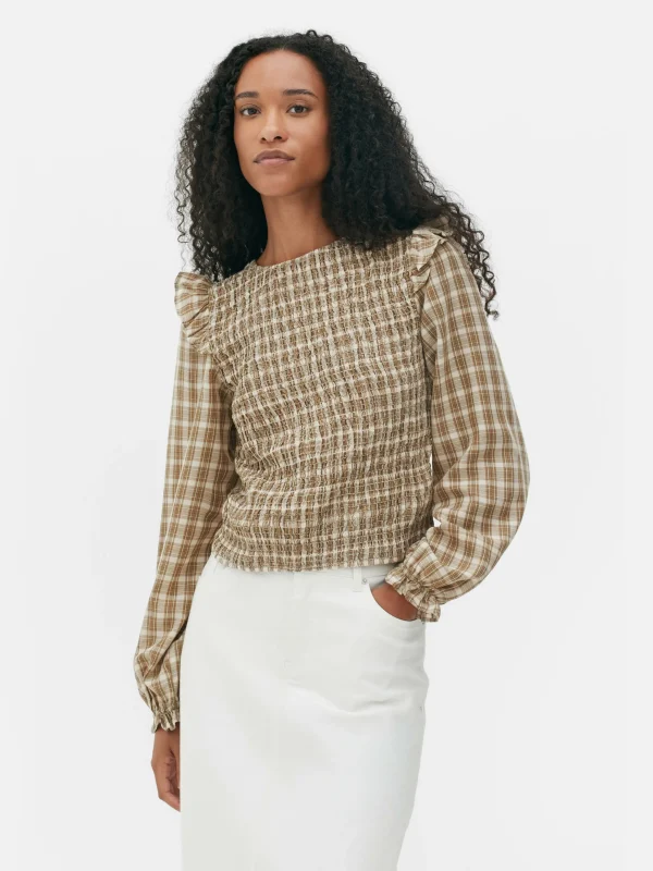 Chemisier Froncé à Carreaux Et Manches Longues