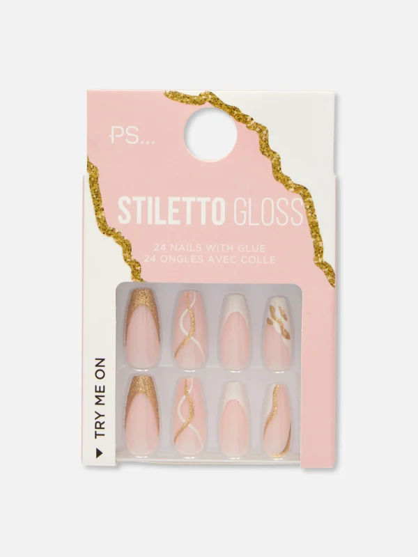 Faux Ongles Pointus Glossy à Motif Tourbillons PS...