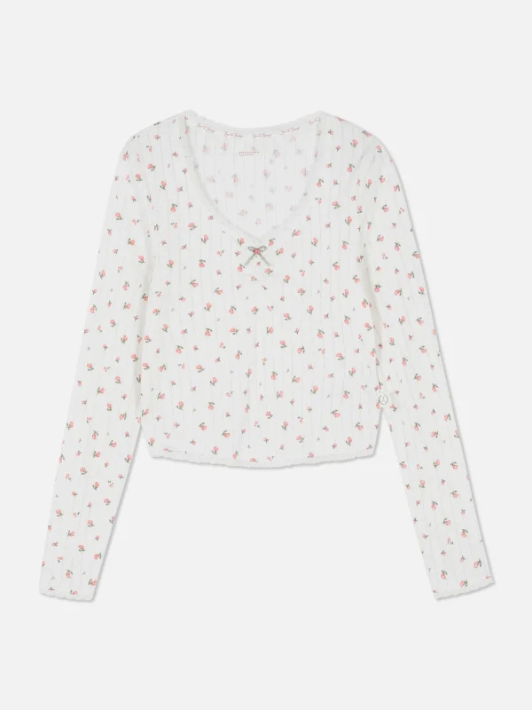 Haut De Pyjama Rose En Pointelle à Manches Longues