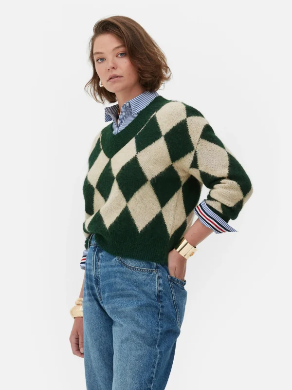 Pull En Maille à Col En V Et Motif Losanges Rita Ora