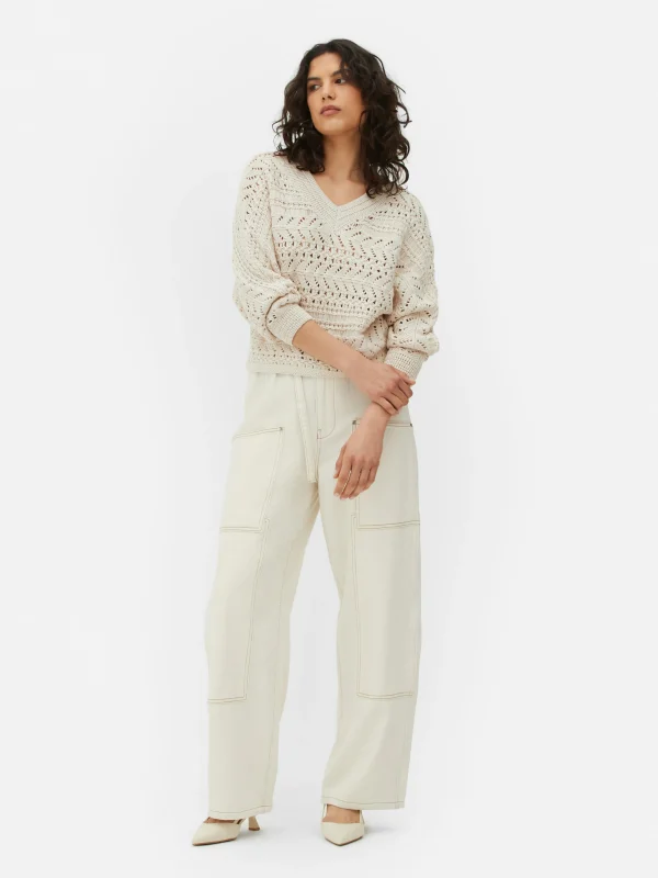 Pull En Maille Pointelle à Col En V