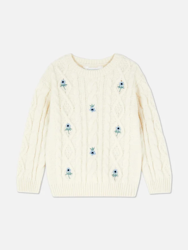 Pull En Maille Torsadée à Fleurs Brodées