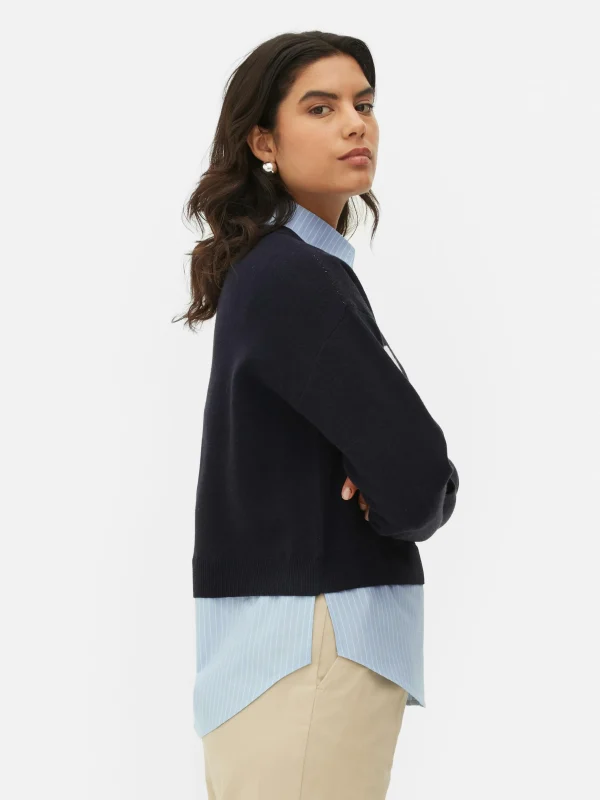 Pull Tricoté à Message Et Chemise Deux-en-un