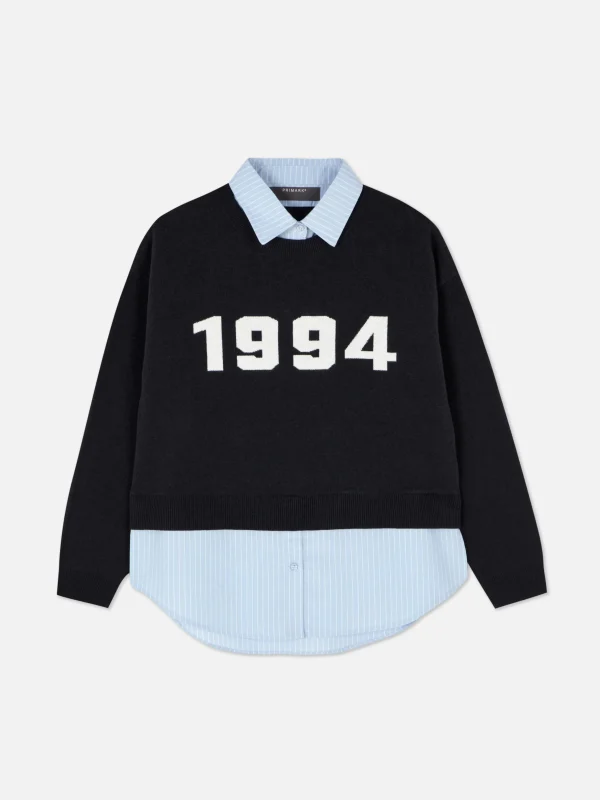 Pull Tricoté à Message Et Chemise Deux-en-un