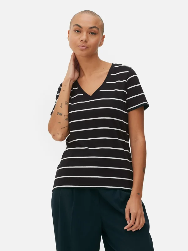 T-shirt Rayé à Col En V