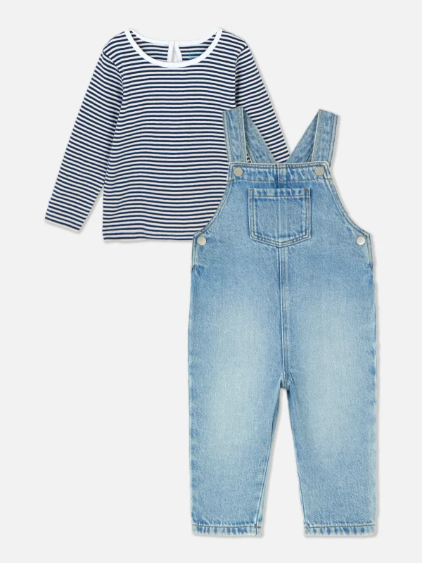 T-shirt Rayé à Manches Longues Et Salopette En Denim